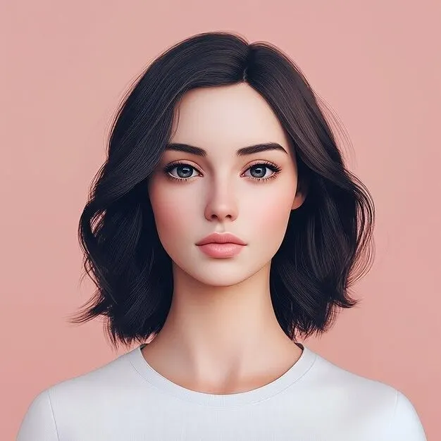 Digital illustration of a young woman with short dark hair, wearing a white shirt, posed against a soft pink background