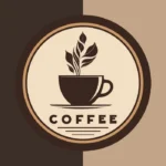 Vintage-style round coffee logo with a beige center and dark brown border. It features a steaming coffee cup with steam shaped like leaves, and the word "COFFEE" in bold uppercase letters underneath. Background is split vertically into dark brown and light brown halves.