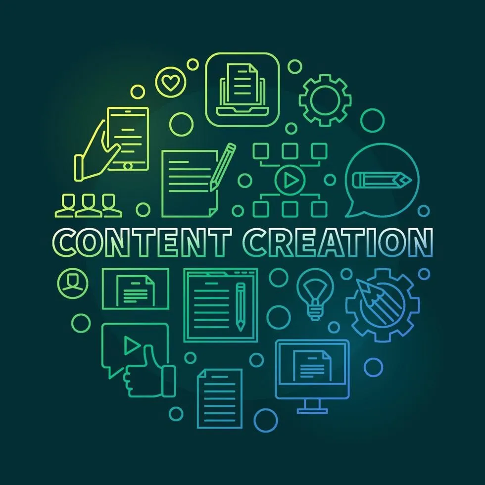 A colorful line-art illustration with the words “Content Creation” in the center, surrounded by icons representing digital media and creative work. The icons include a hand holding a smartphone, a pencil and paper, a heart, people, play buttons, a speech bubble, a thumbs-up, a lightbulb, gears, a compass, and a computer screen — symbolizing writing, design, video production, and online engagement.