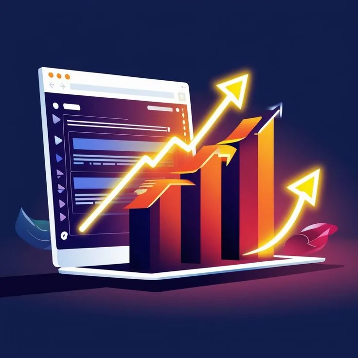 Illustration of a web browser interface with upward-trending bar graphs and glowing arrows, symbolizing SEO growth, increased website traffic, and improved online performance .it shows one of advantages of seo
