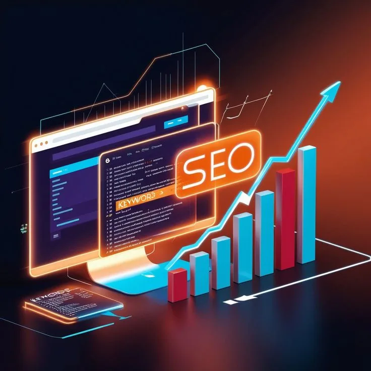 "A digital illustration representing SEO with a glowing browser window showing keywords, the word 'SEO' highlighted, and a 3D bar graph with an upward arrow indicating growth in online visibility or traffic.it shows the advantages of seo