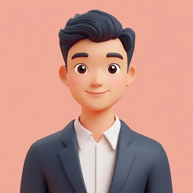 3D cartoon-style illustration of a young man wearing a dark blazer and white shirt, smiling against a pastel pink background