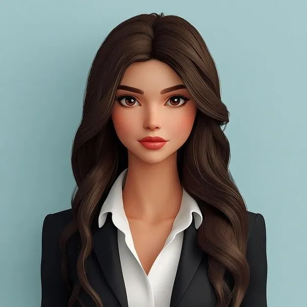 Digital illustration of a confident young woman with long wavy dark hair, wearing a black blazer and white shirt, against a blue background