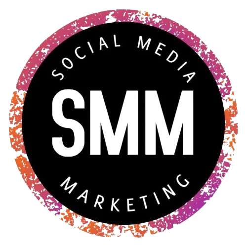 Circular logo with a textured pink-orange gradient border. Inside the circle, the large bold text "SMM" is centered, and the words "SOCIAL MEDIA" appear above while "MARKETING" appears below.